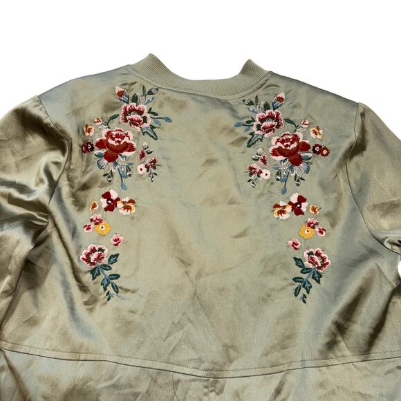 Floral Embroidered Satin Long Line Bomber Jacket Duster Coat Women's S - Picture 6 of 8